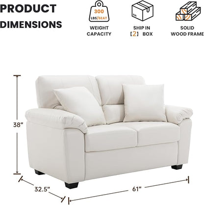 Morden Fort Faux Leather Loveseat, Modern Luxury Furniture with Removable and Easy to Clean Cushions, Skin-Friendly Wide Arm Leather Loveseat for Living Room Apartment Office Lounge, White