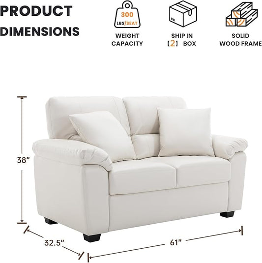 Morden Fort Faux Leather Loveseat, Modern Luxury Furniture with Removable and Easy to Clean Cushions, Skin-Friendly Wide Arm Leather Loveseat for Living Room Apartment Office Lounge, White