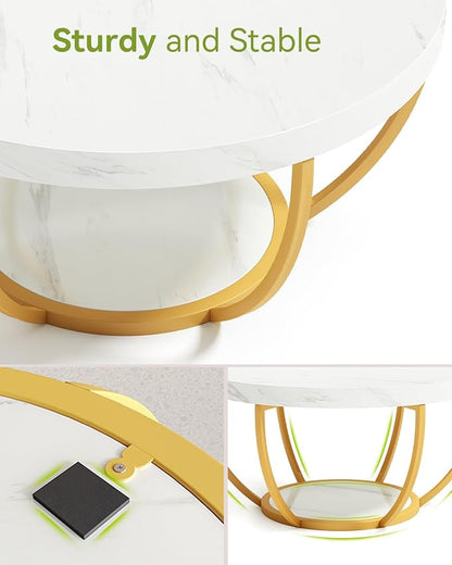LITTLE TREE Round Coffee Table, 32" Circle Faux Marble Coffee Tables for Living Room, 2-Tier Golden Metal Legs Accent Center Table with Open Storage Modern Design Home Furniture (White and Gold)