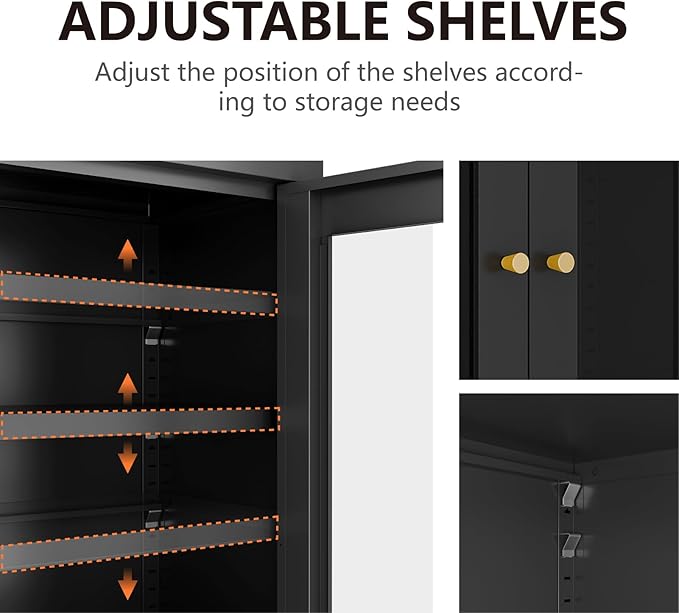 Metal Bathroom Cabinet, Small Floor Storage Cabinet, Freestanding Sideboard with 2 Adjustable Shelves for Living Room, Dinging Room (Black, 31.5" H-2 Doors)
