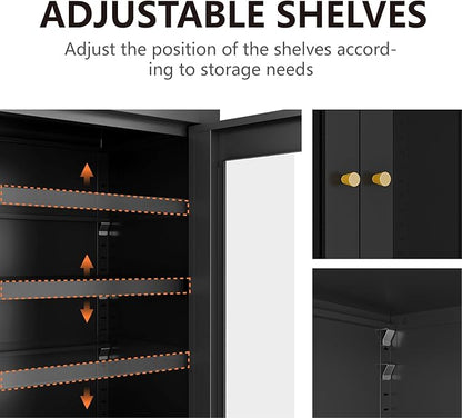 Metal Bathroom Cabinet, Small Floor Storage Cabinet, Freestanding Sideboard with 2 Adjustable Shelves for Living Room, Dinging Room (Black, 31.5" H-2 Doors)