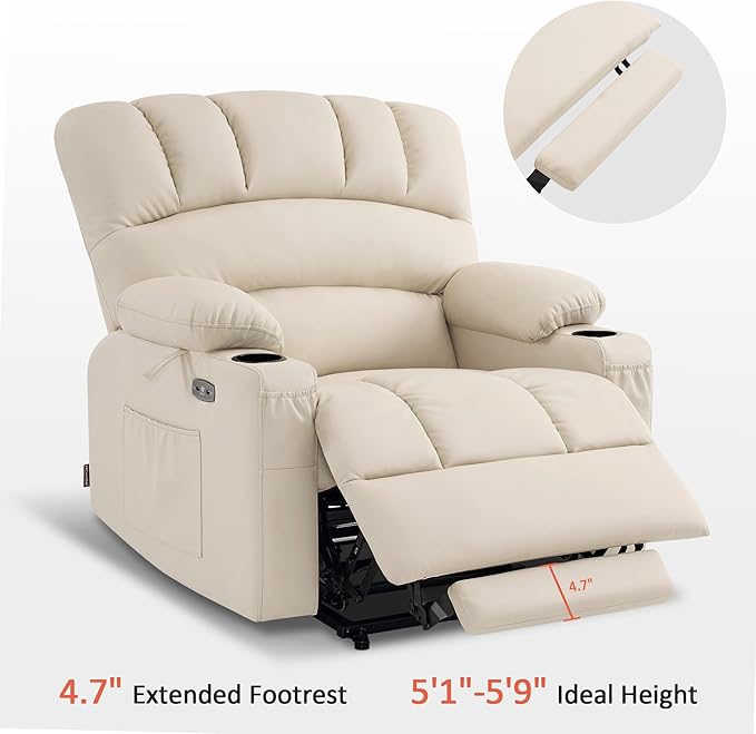 MCombo Power Lift Recliner Chair for Elderly, Lift Chair with Heat and Massage, Extra Wide Lift Recliner for Big People, Faux Leather R7096 (Medium-Wide, Cream White)