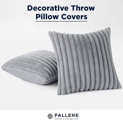 Pallene Faux Fur Plush Throw Pillow Covers 22x22 Set of 2, Luxury Soft Fluffy Striped Decorative Pillow Covers for Sofa, Couch, Living Room, Grey