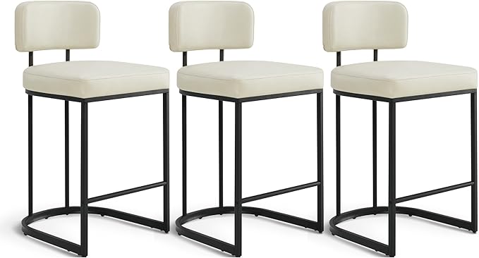 26" H Counter Height Bar Stools Set of 3, Modern Faux Leather Upholstered Barstools with Backrest for Kitchen Island, Black Metal Frames, Cream