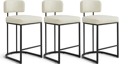 26" H Counter Height Bar Stools Set of 3, Modern Faux Leather Upholstered Barstools with Backrest for Kitchen Island, Black Metal Frames, Cream
