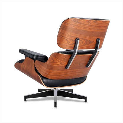 Top Black Grain Leather, Mid Century Chaise Lounge Chair and Ottoman, Accent Chair, Modern Chair, Classic Design, Heavy Duty Base Support for Living Room Lounge Office, Palisander, Heightening