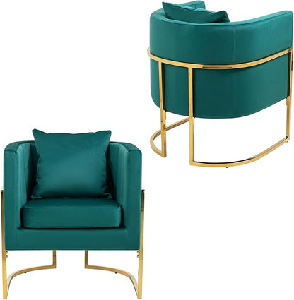Velvet Modern Accent Chairs Set of 2, Upholstered Barrel Armchair Mid Century with Pillow for Living Room, Comfy Single Vanity Chair with Metal Gold Legs for Bedroom, Green