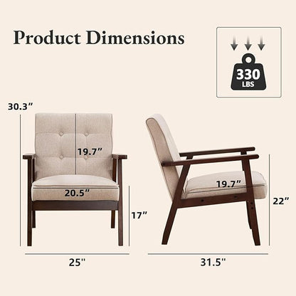 Bonzy Home Fabric Mid-Century Modern Accent Chair Set of 2, Upholstered Armchair with Solid Wood Frame, Reading Chair for Living Room, Bedroom