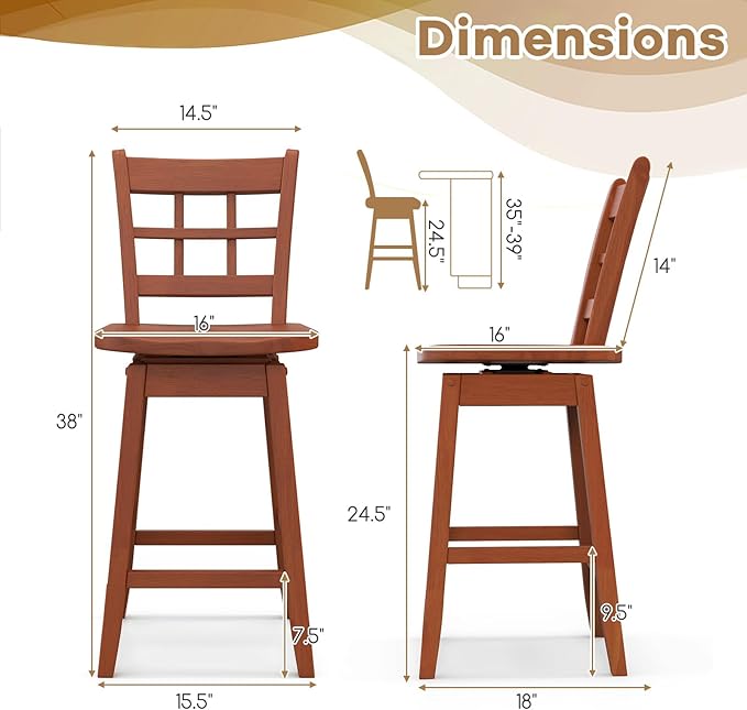 COSTWAY Swivel Bar Stools Set of 4, 24.5 Inch Counter Height Bar Chairs w/Hollow Backrest & Contoured Seat, Wooden Barstools w/Footrest for Kitchen Island, Pub, Bistro, Cafe (4, Walnut)