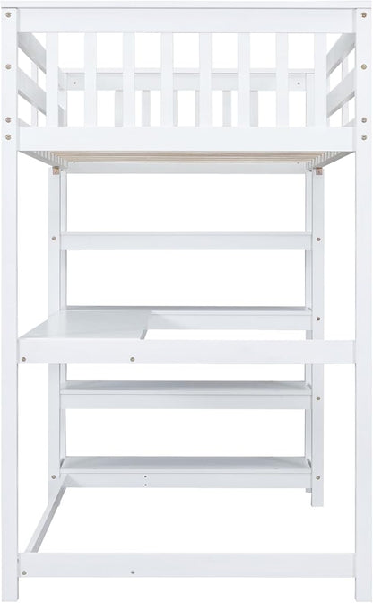 Twin Size Loft Bed with Storage Shelves and Under-Bed Desk,Bedroom Multifunctional Bed Frame w/Solid Wood Slat Support & Full-Length Guardrail,for Adult Boy Girl Teen,White