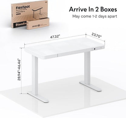 FLEXISPOT Electric Pure Glass Standing Desk with Drawer Desktop & USB Charge Ports, 48" Ergonomic Height Adjustable Sit to Stand Desk for Home Office (White, Glass)