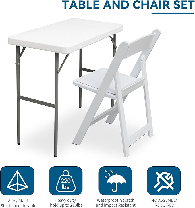 Folding Table Rectangular All-Occasion Plastic Folding Event Table for Indoor and Outdoor, Portable Desk, Camping, Durable and Stable, HDPE and Steel (White, 2.7ft + 1 Chair)