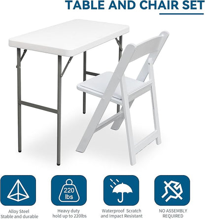 Folding Table Rectangular All-Occasion Plastic Folding Event Table for Indoor and Outdoor, Portable Desk, Camping, Durable and Stable, HDPE and Steel (White, 2.7ft + 1 Chair)