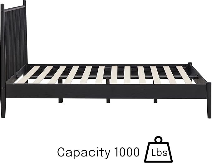 NTC Inno Wooden Bed Frame with Headboard, Solid Oak and Rubber Wood Foundation with Silent Slats and Wood Central Supports, 1000 Lb Capacity, Effortless Assembly, Queen - Burnt Black