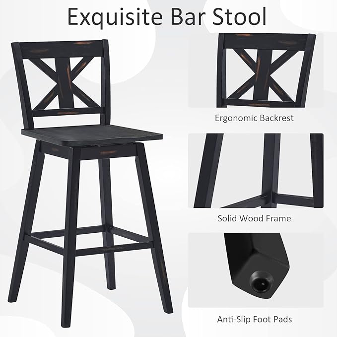 COSTWAY Bar Stools Set of 2, 360 Degree Swivel, 29-inch Height Chairs w/Non-Slip Foot Pads, Rubber Wood Bar Chairs, Vintage Bar Stools for Home, Restaurant (Black)