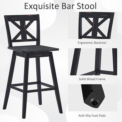 COSTWAY Bar Stools Set of 4, 360 Degree Swivel, 29-inch Height Chairs w/Non-Slip Foot Pads, Rubber Wood Bar Chairs, Vintage Bar Stools for Home, Restaurant (Black)