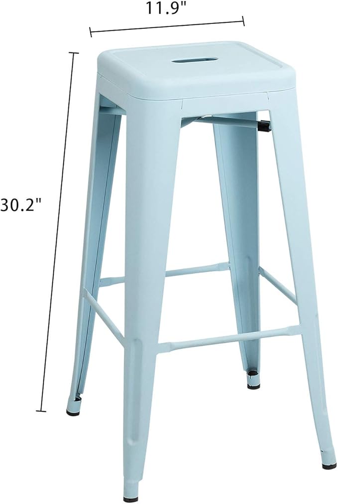 Furniwell 30 Inches Metal Bar Stools High Backless Tolix Indoor-Outdoor Stackable Barstool with Square Counter Seat Set of 4 (Blue)