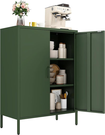 Metal Locker Cabinet, Green Storage Cabinets with 2 Doors and Adjustable Shelves, 3 Tier Modern Storage Freestanding Sideboard for Living Room,School,Office Home Kitchen and Coffee Bar
