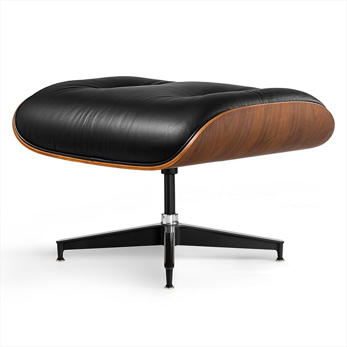 Top Black Grain Leather, Mid Century Chaise Lounge Chair and Ottoman, Leather Accent Chair, Modern Chair, Classic Design, Heavy Duty Base Support for Living Room Lounge Office, Walnut, Heightening