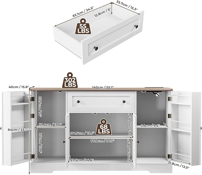 55.1" Buffet Cabinet with Storage, Charging Station, Modern Kitchen Buffet Sideboard with Drawer, White Wood Coffee Bar with Adjustable Shelves & Spice Rack, Kitchen Storage Cabinet for Living Room