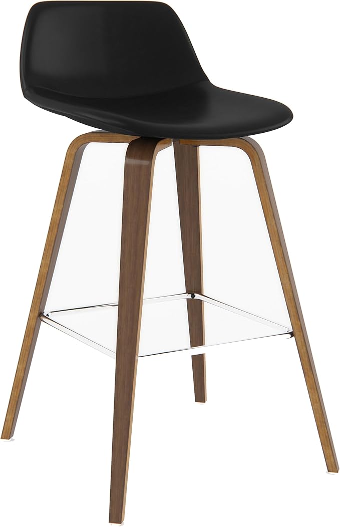 SIMPLIHOME Randolph Counter Stools (Set of 2) - 28 Inch Seat Height Upholstered Bentwood Kitchen Seats in Black Vegan Faux Leather, Mid Century Modern Seating with Curved Backrest and Chrome Footrest