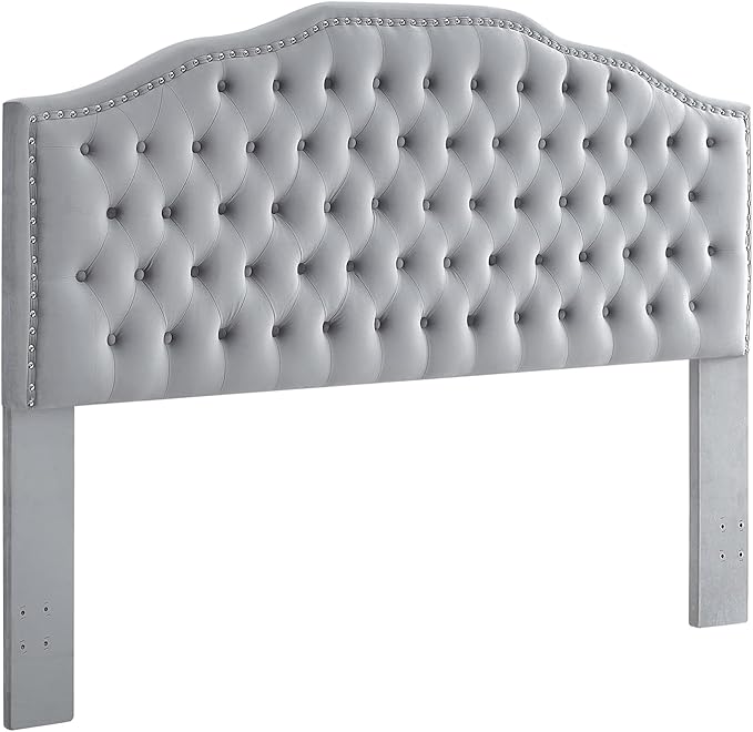24KF Upholstered Button Tufted King Size Headboard with Nailhead Trim, Soft Velvet Fabric Headboard King/Cal King Size, Gray