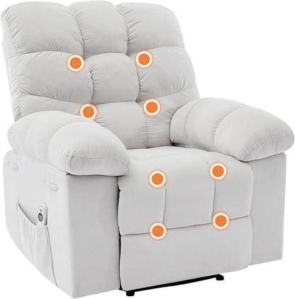 Recliner Rocking Chair with Massage and Heat, Wide Overstuffed Ergonomic Fabric Recliner with Breathable Upholstery, 2 Side Pockets & Remote Control for Living Room or Bedroom