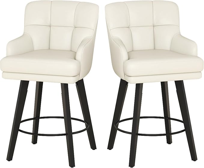 360°Swivel Counter Height Bar Stools with Back, 26 inch Solid Wood Legs, Bar Stool Modern Kitchen Island Chairs, Faux Leather (Beige- Faux Leather, 26" H- Set of 2)