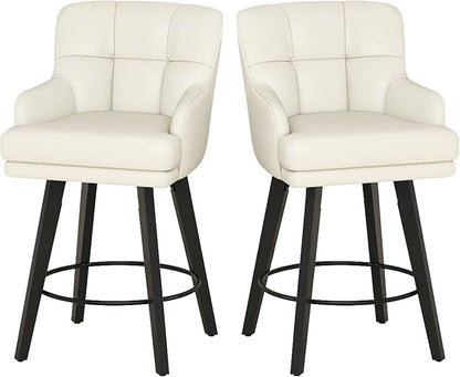 360°Swivel Counter Height Bar Stools with Back, 26 inch Solid Wood Legs, Bar Stool Modern Kitchen Island Chairs, Faux Leather (Beige- Faux Leather, 26" H- Set of 2)