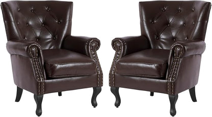 MOJAY PU Leather Accent Chair Set of 2, Modern Armchair Living Room Chair, Upholstered Club Chair with Rivet Trim, Mid-Century Sofa Chair with Sturdy Wood Legs for Bedroom (Caramel)