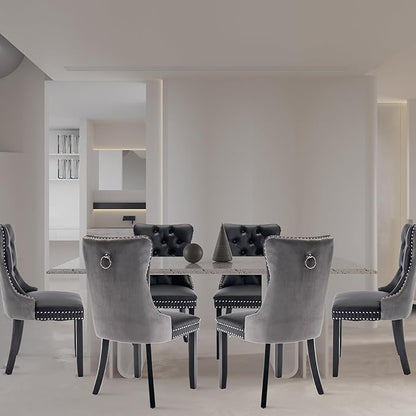 Leather Upholstered Dining Chairs Set of 6, Modern Style Kitchen Side Chairs with Nailhead Trim and Wood Leg, Metal Pulling Ring for Dining Room Living Room(Black&Grey,Set of 6)