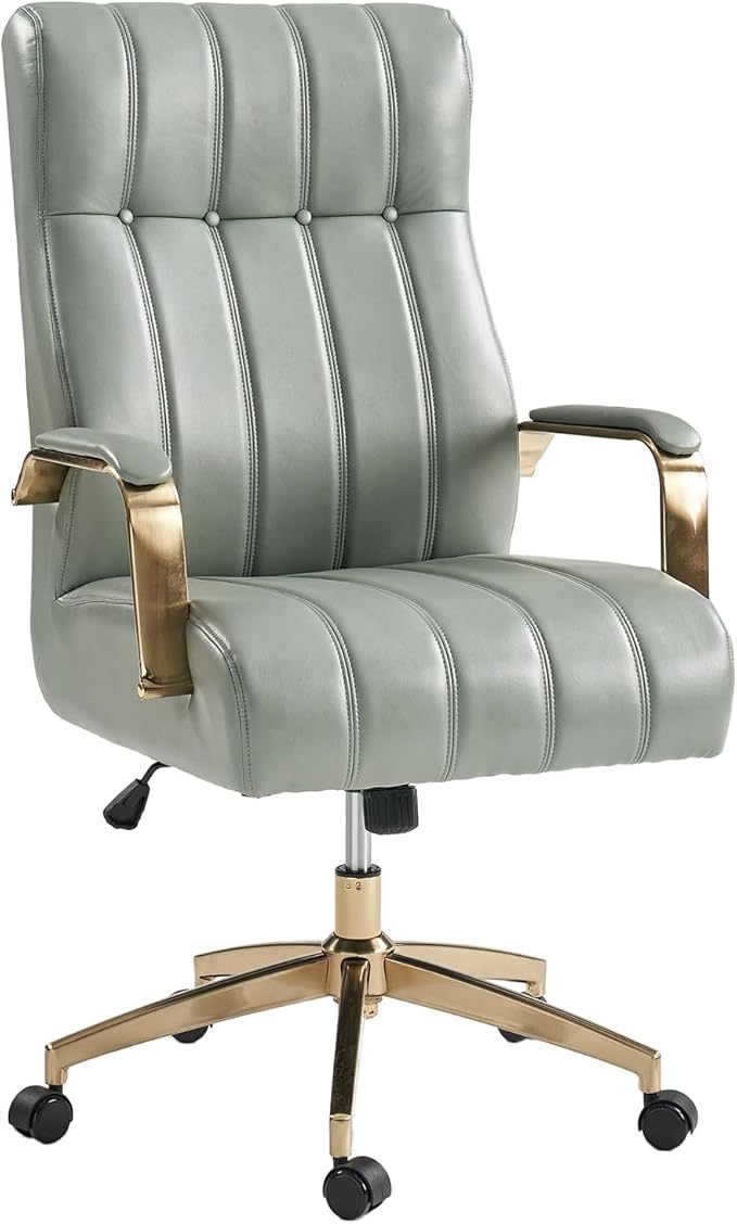 HULALA HOME Modern Executive Office Chair, Faux Leather Tufted Ergonomic Desk Chair with Gold Plated Base & Armrests, 360° Swivel Adjustable Height Tilt Home Office Chair for Work/Study