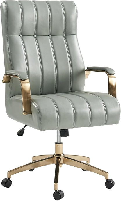 HULALA HOME Modern Executive Office Chair, Faux Leather Tufted Ergonomic Desk Chair with Gold Plated Base & Armrests, 360° Swivel Adjustable Height Tilt Home Office Chair for Work/Study