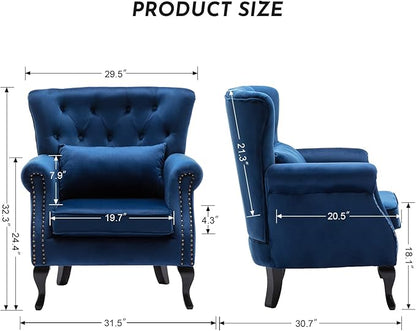 Accent Reading Arm Chairs Set of 2 for Living Room Bedroom, Midcentury Modern Comfy Corner Sofa Chair, Wingback Waiting Room Club Chair with Button Tufted Back &Lumbar Pillow, Velvet Blue
