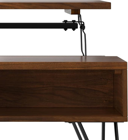 SIMPLIHOME Hunter Small Lift Top Coffee Table - 36 inch Wide Solid Walnut Veneer and Metal Industrial Cocktail Table, Living Room Table with Hidden Storage, 2 Cubbies, and Hairpin Legs