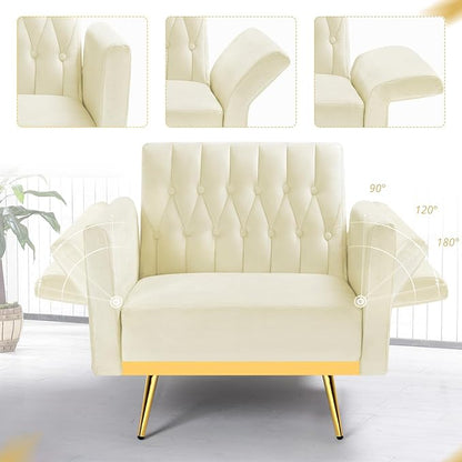 Velvet Accent Chair with Adjustable Armrests and Backrest, Button Tufted Lounge Chair, Single Recliner Armchair with Ottoman and Pillow for Living Room, Bedroom,Beige