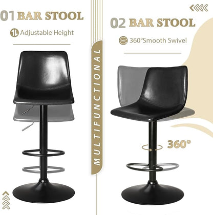 Lemebri Bar Stools Set of 4, Modern Adjustable Swivel Barstools Counter Height with Backrest, Faux Leather Upholstered Bar Chair for Kitchen Island, Whisky, Black