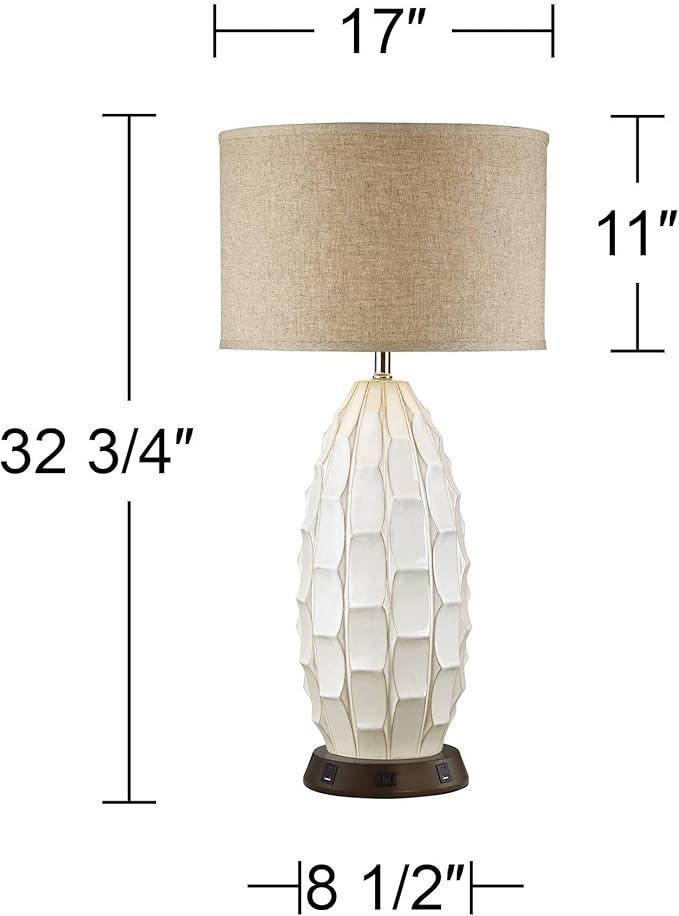 Possini Euro Design Cosgrove Mid Century Modern Coastal Table Lamp with USB and AC Power Outlet Workstation Charging Base Oval 32.75" Tall White Ceramic Beige Fabric Drum Shade for Living Room