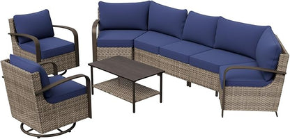 COOS BAY Aurora Terrace Half-Moon Outdoor Furniture Set, Rattan Conversation Set with Swivel Rockers, Curved 5-Seat Sofa, Coffee Table, Seats 7, Beige/Blue