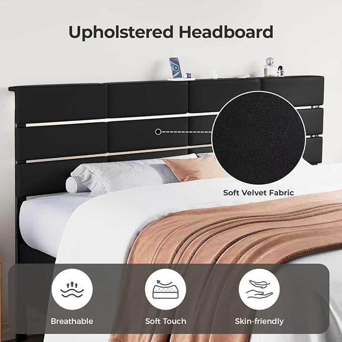 Full/Queen Size Upholstered Velvet Headboard, Adjustable Head Boards with LED Light & Charging Station, Bed Headboard Only, Attach Frame, Study & Comfortable, Ideal for Bedroom, Dorm, Black