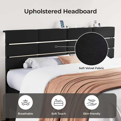 King/Cal King Size Upholstered Velvet Headboard, Adjustable Head Boards with LED Light & Charging Station, Bed Headboard Only, Attach Frame, Ideal for Bedroom, Dorm, Guest Room, Black
