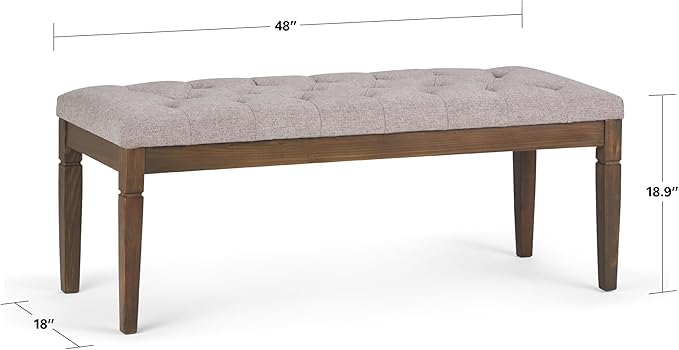 SIMPLIHOME Waverly 48 inch Wide Traditional Rectangle Tufted Ottoman Bench in Cloud Grey Linen Look Fabric, Assembled, For the Living Room and Bedroom