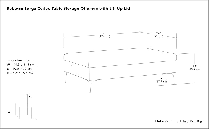 SIMPLIHOME Rebecca 48 inch Wide Mid Century Modern Rectangle Large Coffee Table Storage Ottoman with Lift up Lid in Cloud Grey Polyester , Assembled, For the Living Room, Entryway and Family Room