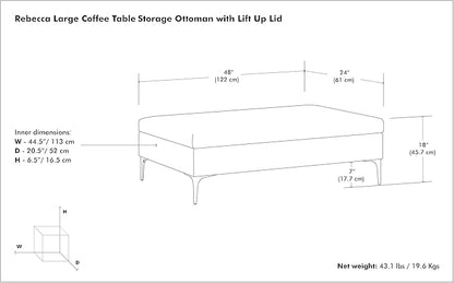 SIMPLIHOME Rebecca 48 inch Wide Mid Century Modern Rectangle Large Coffee Table Storage Ottoman with Lift up Lid in Cloud Grey Polyester , Assembled, For the Living Room, Entryway and Family Room