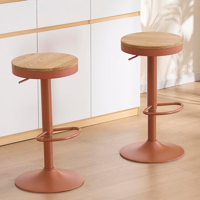 Kidol & Shellder Bar Stools Set of 6 Round Adjustable Swivel Barstools Modern Backless Bar Chairs Wooden Seat Counter Height Stools Armless for Kitchen Island, Cafe, Dining Room Terracotta