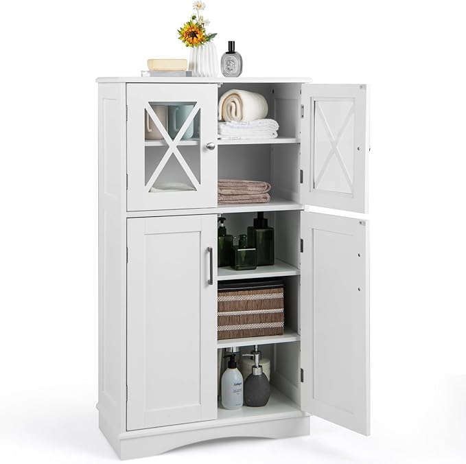 Giantex Bathroom Floor Storage Cabinet - Linen Floor Cabinet with Doors and Adjustable Shelves, Freestanding Side Storage Organizer for Bathroom, Living Room, Entryway, Kitchen Storage Unit (White)