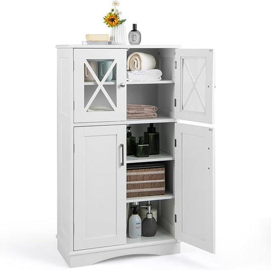 Giantex Bathroom Floor Storage Cabinet - Linen Floor Cabinet with Doors and Adjustable Shelves, Freestanding Side Storage Organizer for Bathroom, Living Room, Entryway, Kitchen Storage Unit (White)
