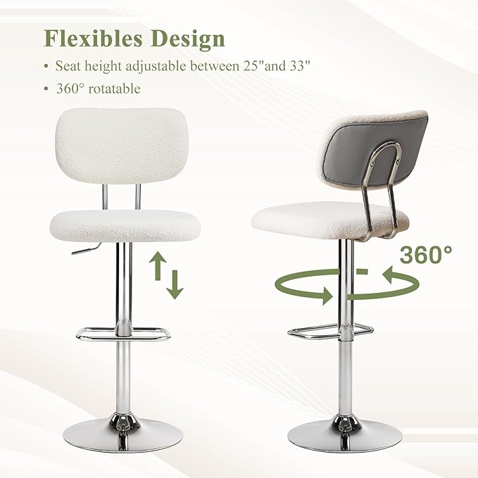 Furniliving Adjustable Bar Stools Set of 4, Modern Teddy Velvet Swivel Barstools with Curved Back, Stylish Armless Counter Height Bar Stools Bar Chairs for Kitchen Island, Bar, Grey