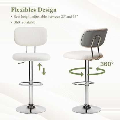 Furniliving Adjustable Bar Stools Set of 2, Modern Teddy Velvet Swivel Barstools with Curved Back, Stylish Armless Counter Height Bar Stools Bar Chairs for Kitchen Island, Bar, Grey