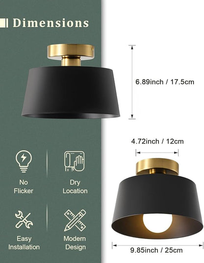 Ceiling Light Fixture, Hallway Ceiling Light with Gold Plate and Matte Black Shade, Modern Simple Style Porch Light Fixtures Semi Flush Mount (3 Pack Black)
